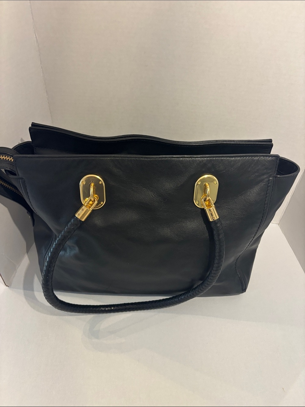 Cole Haan Classic Black Leather Work Tote with Gold Hardware and Braided Handles - Picture 4 of 12